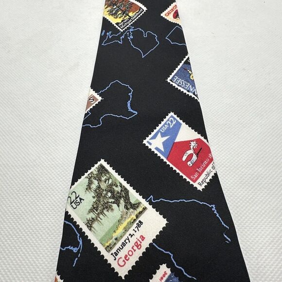 VTG Nicole Miller Silk Necktie Mens‎ Black Novelty State Stamps USA 57"x 4" NWT - Picture 9 of 15